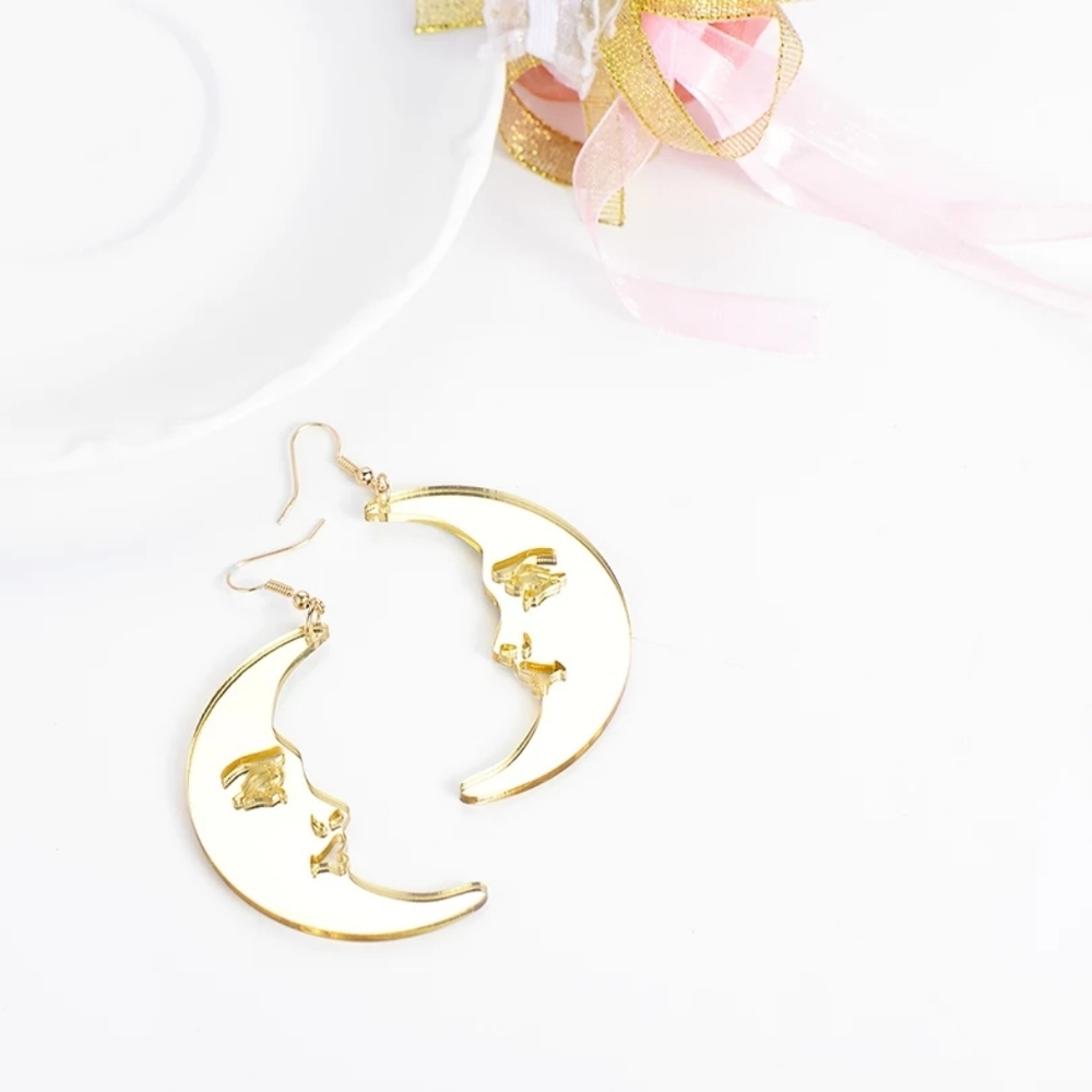 Gold Boho Mirror Moon Man Earrings